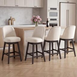Bar Stools Set of 4, 360?? Swivel Counter Stools with Upholstered Seat, Wooden Frame & Nailhead Trim, Kitchen Breakfast Bar Chairs with Backrest for Kitchen Island, Dining Room, Home Bar,Beige
