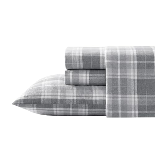 Laura Ashley Home - King Sheets, Cotton Flannel Bedding Set, Brushed for Extra Softness & Comfort (Mulholland Plaid Grey, King)