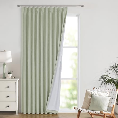 "Vision Home Soft Green Pinch Pleated Full Blackout Curtains Linen Blended Room Darkening Window Panels 84 inch for Living Room Bedroom Thermal Insulated Pinch Pleat Drapes with Hooks 60"" Wx84 Lx1"
