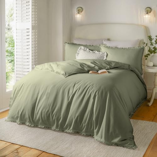 furn. Wylder Nature Tilly Duvet Cover Set – 100% Tumbled Cotton Minimal Ruffle Bedding with Elegant Trim (Sage - Single)