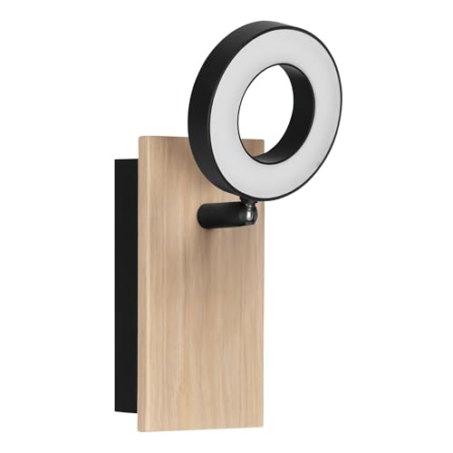 Eglo LED Indoor Wall Light Rielves, Mounted Lamp with Adjustable Spot, Wooden Spotlight in Brown and Black Metal, FSC-Certified Spotlight, Warm White