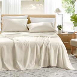 "Comfort Spaces 100% Cotton Sheets Queen, Breathable, Ultra Soft Cotton Sheets, Naturally Cool Cotton Bed Sheets with 14"" Elastic Pocket Fits up to 16"" Mattress, All Season Sheet Set, Ivory 4 Piece"