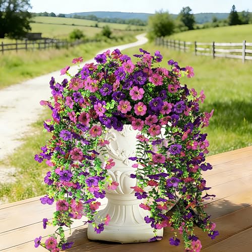 Artificial Fake Hanging Flowers Plants for Outdoor Spring Decoration,4 PCS Faux Silk Daisy with Eucalyptus Leaves,UV Resistant Look Real for Outside Home Indoor Planter Porch Patio Balcony Yard Decor