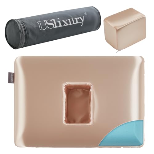 Piercing Pillow - Ear Piercing Pillow with Foam Plug, 4''H Ear Pillow with 4.7*3.2 and Off Center Ear Hole, Soft CertiPUR-US Memory Foam Piercing Pillow for Side Sleeper, Satin Pillowcase, Champagne
