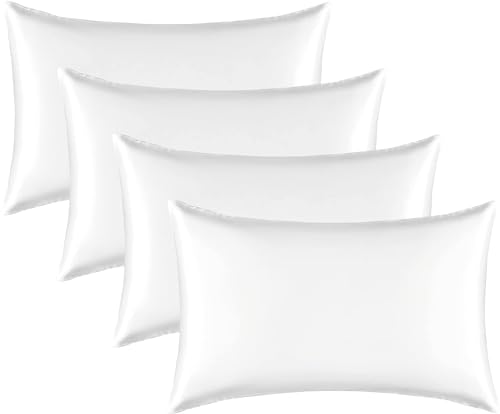 Satin Silk Pillowcase for Hair and Skin, Black Pillow Cases Standard Size Set of 4 Pack Super Soft Pillow Case with Zipper Closure (White, Standard(4 pack))