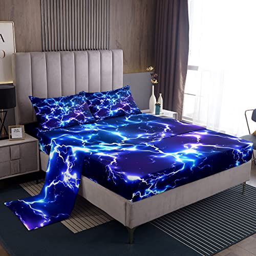 3D Game Flash Fitted Sheet Full,Neon Blue Lightning Strike Bedding Set 4pcs for Kids Boys Teens Gamer Room Decor,Fashion Shiny Bed Sheet Set Modern Gaming Cool Top Flat Sheet with 2 Pillowcases