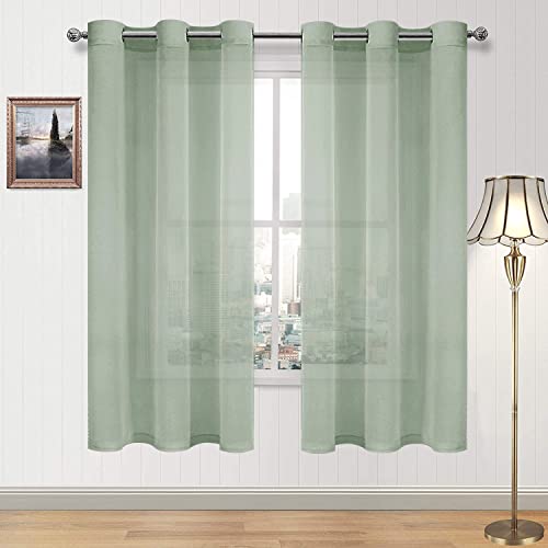 DWCN Semi Sheer Curtains, Grommet Top Window Curtains for Bedroom Living Room, Faux Linen Look Voile Transparent Solid Sheer Curtains Set of 2 Panels 46 x 63 Inches Long, Bean Green