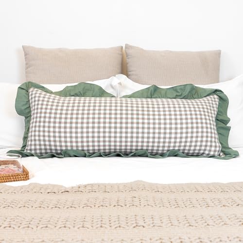 JoraLion 14x36 inch Scalloped Lumbar Pillow Cover, Green Ruffle Cotton Throw Pillow Cover Gingham Buffalo Decor Farmhouse Soft Cushion Case for Couch Sofa Bed Living Room, ONLY 1 Cover
