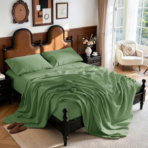 "LBRO2M 100% French Organic Linen Sheet Set, 19"" Deep Pocket Cal King 4 Pcs - Natural Flax Bed Sheet, Soft, Breathable,Durable Sheets, Cozy for All Year Round, Ideal for Hot Sleepers, Green"