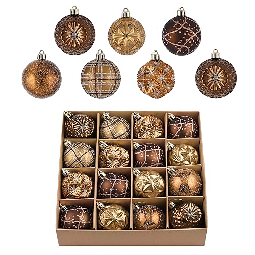 Valery Madelyn Fall Ornaments for Christmas Trees, 16ct Bronze Copper Brown Gold Shatterproof Fall Christmas Tree Decorations, 2.36 Inches Luxury Hanging Ball Ornaments for Thanksgiving Autumn Harvest