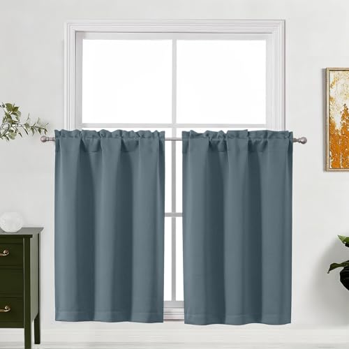 "Lecloud Stone Blue Kitchen Curtains 36 Inch Length 2 Pcs, Modern Farmhouse Decor Privacy Room Darkening Curtain, Short Window Drapes Rod Pockets for Bedroom Cafe Basement, Each Panel 30"" W x 36"" L"