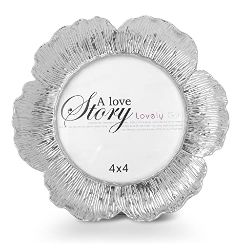 SWTHONY Round Floral Silver Picture Frame, 4x4 Circular Flower Shaped Photo Frames with High Definition Glass Front for Wedding, Graduation