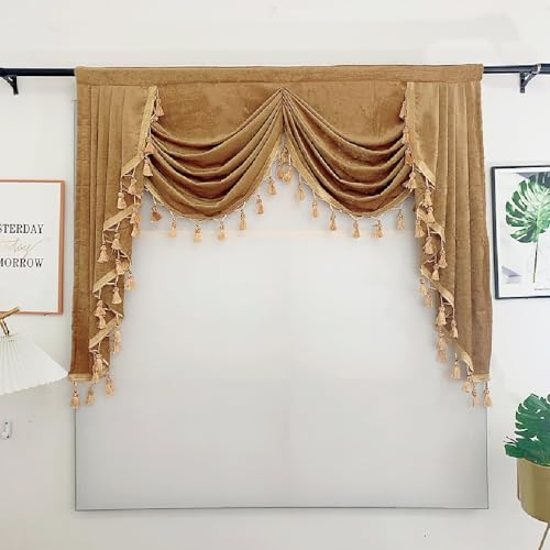 Amidoudou 1 Panel Luxury European Waterfall Valance for Living Room Bedroom, Elegant Tassels Chenille Valance(Coffee,Width 59 Inch)