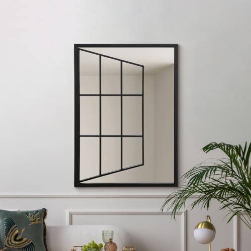 "MirrorOutlet The Typis - Black Metal Frame Open Window Effect Wall Mirror 31"" x 23"" (80CM X 58CM) Silver Mirror Glass with Black Frame"