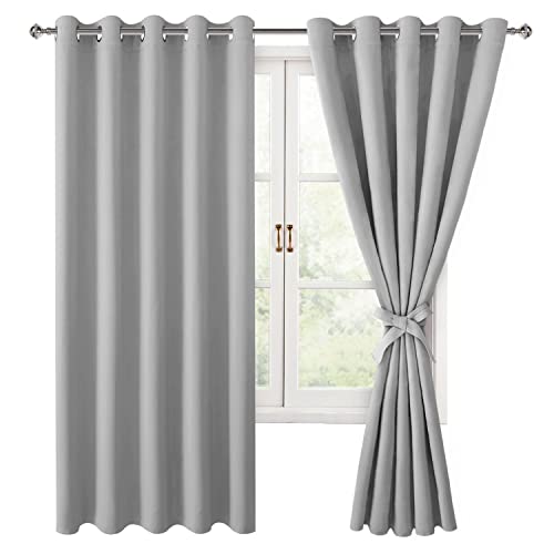 Hiasan Blackout Curtains for Bedroom, 60 x 63 Inches Length - Thermal Insulated & Light Blocking Window Curtains for Living Room/Kids Room, 2 Drape Panels Sewn with Tiebacks, Silver Grey
