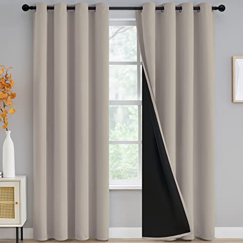 Yakamok 100% Blackout Curtains for Bedroom 96 Inch Length, Complete Light Blocking Drapes with Black Backing, Thermal Insulated Solid Grommet Panels for Living Room, 52Wx96L, Natural, 2 Panels