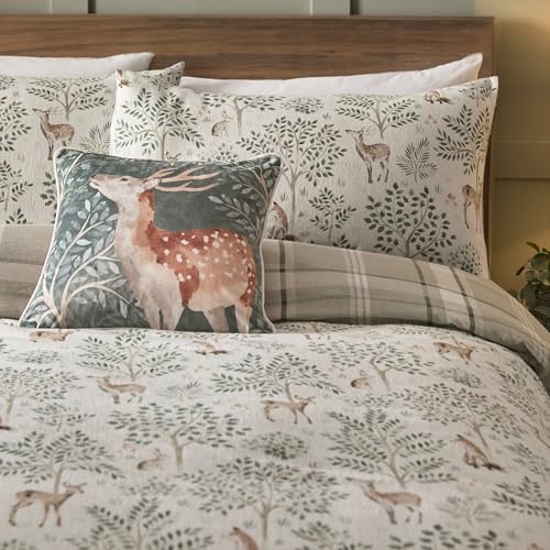 Dreams & Drapes Forest Deer Duvet Cover Single 140x200cm – Reversible Woodland Bedding – Natural Colour – 100% Cotton Flannelette – Super Soft Winter Bedding – Cosy Animal Print Quilt Cover