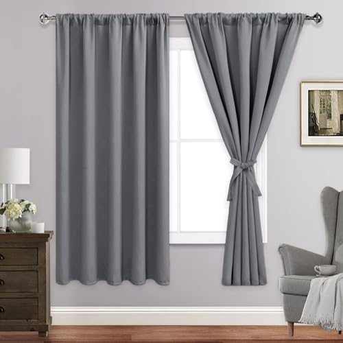 JIUZHEN Blackout Curtains for Bedroom - Thermal Insulated Room Darkening Rod Pocket Curtains for Living Room, Set of 2 Panels with Tiebacks, 60 x 72 Inch Length, Light Grey