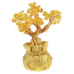 lachineuse - Feng Shui Tree in Yellow Citrine - Fortune Tree 17 cm - Asian Japanese Decoration - Fortune Tree with Golden Stand - Decorative Asian Gemstones - Japanese Zen Object