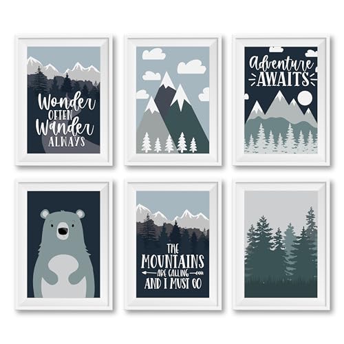 12 Adventure Awaits Wall Decor Nursery Wall Art Prints, Mountain Nursery Decor Neutral, Bear Nursery Wall Decor Bedroom Posters, Deer Wall Decor for Bedroom, Inspirational Wall Art for Kids