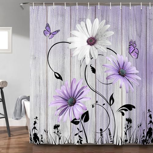 Bzhilja Rustic Farmhouse Floral Shower Curtain, Farm Teal Daisy Floral Butterfly Old Plank Rustic Shower Curtain, Turquoise Blue Fabric Bathroom Accessory Set with Hooks, 69 x 70,Purple