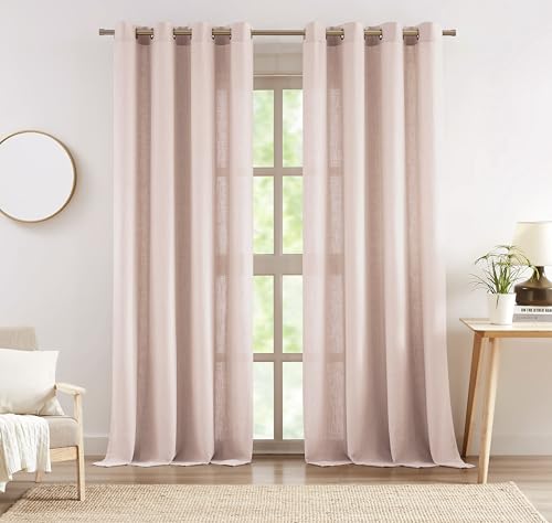 "Central Park Linen Grommet Semi Sheer Curtain Panel 102 Inches Long for Living Room, Flax Linen Blended Farmhouse Rustic Light Filtering Window Treatment Drape for Bedroom, Pink, 58""x102""x2"