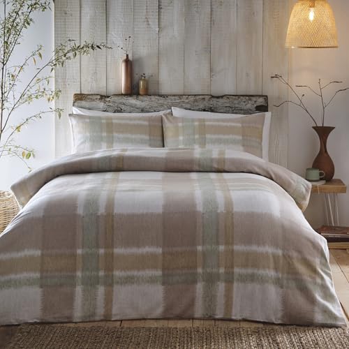 Appletree - Natural & Sage Green Flannelette Duvet Cover - Super King Bedding Size (260 x 220cm) - Super Soft 100% Brushed Cotton - Light Brown & Green Tartan Bedding - Checkered Duvet - Plaid Bed Set