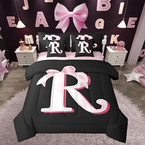 jejeloiu Kawaii Pink Bow Queen Comforter Set with Sheets,Gifts for Women Teen Girl,Personalized Initial Letter R 7 Piece Bedding Set,Soft Monogrammed Bed in a Bag with Comforter,Sheets,Pillowcases