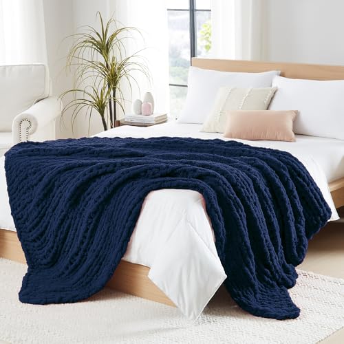 "L'AGRATY Dark Blue 50""X60"" Chunky Knit Throw Blanket - 100% Hand-Knitted Chenille Crochet Blanket for Couch, Bed, Sofa - Large Cable Knit Home Decor"