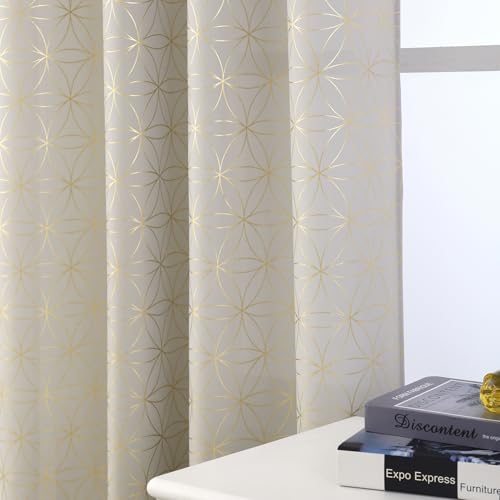 "Taisier Home Gold Linen Grommet Window Curtain Panels Metallic Geo Moroccan Tile Foil Print Beige Semi Sheer Draperies for Bedroom Living Room,Light Filtering Window Treatments,52"" Wx72 L,2 Panels"