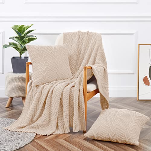 "Aormenzy Knitted Throw Blanket (50"" x 60"") and 2 Pillow Covers (18"" x 18""), 3 Piece Khaki Throw Blanket Set, Decorative Throw Blankets for Couch Sofa Bed Living Room"