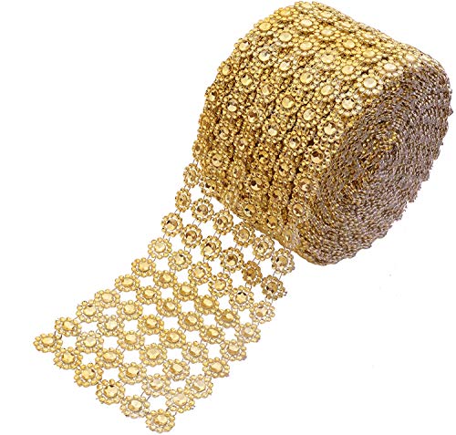 "YYaaloa Crafts Faux Diamond Bling Wrap 4"" x 10 Yards 6 Rows Gold Flower Pattern Faux Rhinestone Crystal Mesh Ribbon Roll for Wedding, Party, Centerpiece, Cake, Vase Sparkling Decoration (Gold)"