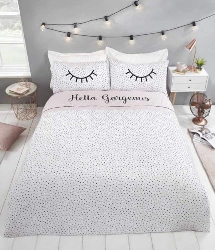 Rapport Home Hello Gorgeous Double Duvet Cover Set for Girls & Teens - Multicolour Polka Dot Eyelash Design Bedding with 2 Pillowcases - Soft Polycotton Easy Care Quilt Cover (230 x 220 cm)