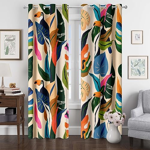 tubeamin Colorful Tropical Plant Curtains Abstract Palm Leaf Window Treatments 84 inch Long Decor Boho Jungle Toucan Birds Grommet Room Darkening Curtain for Kids Bedroom, Living Room, Art Gallery