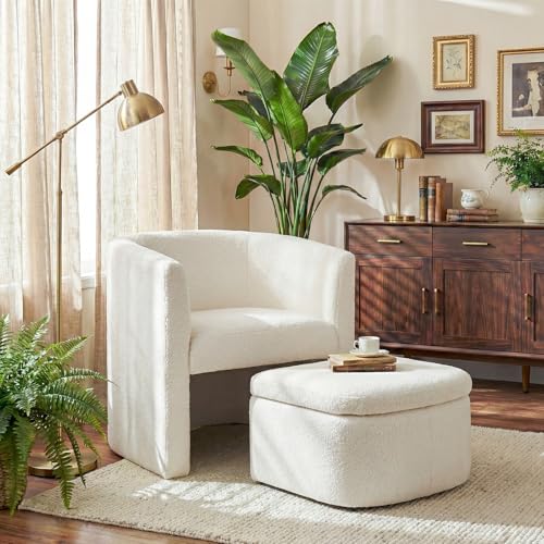 MALOL Boucle Accent Chair with Ottoman Storage Box Set of 1, Wooden Frame Armchair with Footstool, Single Sofa Chair, Arm Chairs for Living Room Bedroom Reading Spaces Office, Cream