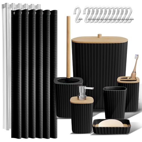 Clara Clark Bathroom Accessories Set - Bathroom Accessory Set with Shower Curtain Set, Toilet Brush, Trash Can & Soap Dispenser (Black, Complete Set)