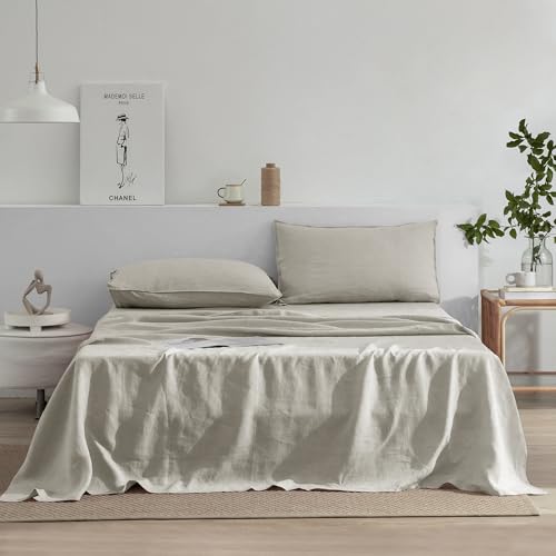 EVERLY Linen Sheets Set Queen Size,100% French Stonewash Pure Linen Sheets Set,4Pieces (1Flat Sheet,1Fitted Sheet,2Pillowcase) Suitable for Hot Sleepers,Not Dyed Deep Pocket Natural Bedding Set-Linen