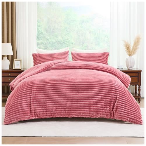 GC GAVENO CAVAILIA Ribbed Fleece Duvet Set With Pillow Cases - Thermal Warm Cozy Winter Bedding Double Duvet Cover Set 200x200 Cm - Hypoallergenic, Washable Polyester Quilt Cover Bed Sets, Blush Pink