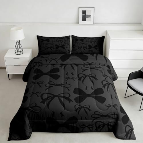 Feelyou Cute Bowknot Bedding Set Boys Girls King Size Bow Comforter Set for Kids Women Men Ultra Soft Black Girls Bow Comforter Kawaii Bow Duvet Set Room Decor Lovely Decor Quilt Set