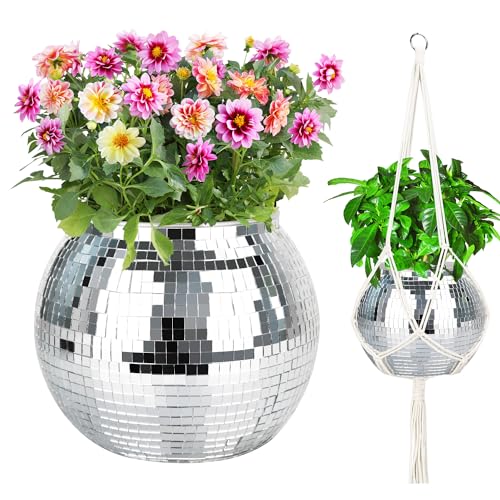 "9"" Silver Disco Ball Planter with Hanging Rope, Hanging Chain, Hook, Circle - For decoration"