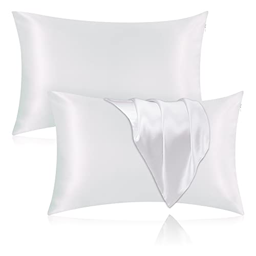 Veaken Silk Pillowcase for Hair and Skin, 2 Pack 100% Mulberry Silk Pillowcase 25 Momme, 600 Thread Count, Both Side Pure Silk Pillow Cover with Hidden Zipper (White, Standard 20''??26'')