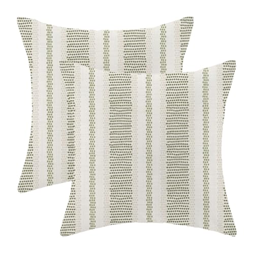 AEIOAE Sage Green Outdoor Pillow Covers 16 x 16 Inch, Beige Polka Dots Stripe Decor Throw Pillows for Couch Bed, Boho Modern Farmhouse Decorative Pillowcase Linen Cushion Cover Set of 2