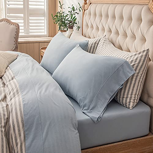 "PURE ERA Jersey Knit 4pc Bed Sheet Set 100% T-Shirt Cotton Super Soft Comfy Breathable Fits Mattress Up to 20"" Extra Deep Pocket (Solid Light Blue, Queen)"