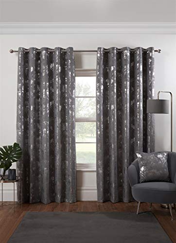 Osaka Japanese Eyelet Curtains 66 x 72 Silver Lined Metallic Velvet Trees