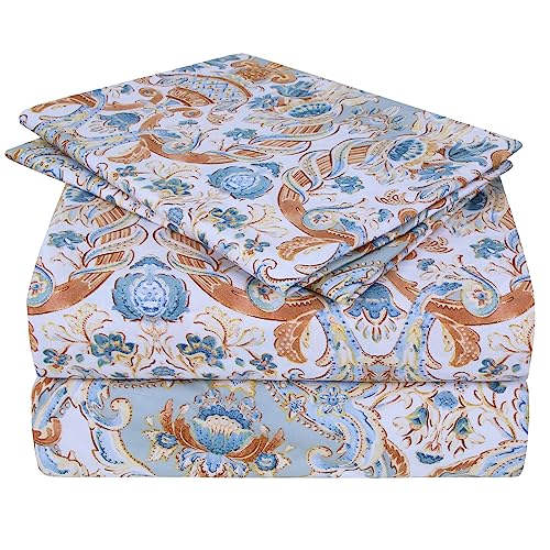 JSD Vintage Paisley Printed Sheet Set Queen Size, 4 Piece Soft Pattern Microfiber Sheets Extra Deep Pocket