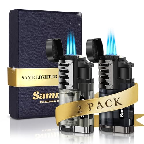 SAMNIU Pack of 2 Torch Lighter, Triple Jet Flames, with Holder, Punch, Visible Gas Tank, Windproof Butane Pocket Lighters for Candle (Gas not Included)