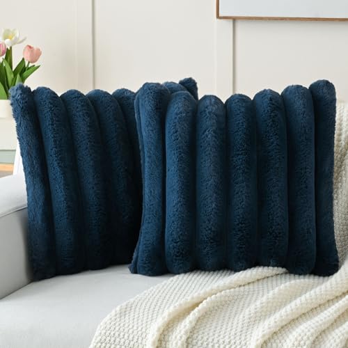 FUTEI Navy Blue Decorative Throw Pillow Covers 18x18 Inch Set of 2, Square Soft Faux Rabbit Fur Big Striped Cushion Cover,Home Decor for Couch Sofa Bed Living Room