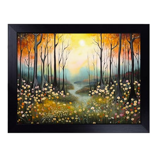 Lap Tray with Bean Bag Cushion, Spring Forest Art Deco - Handmade in the UK, Raised Wooden Edge, Padded Cushion, Heat-Resistant Wipe-Clean Surface, for Meals, Laptops and Crafts