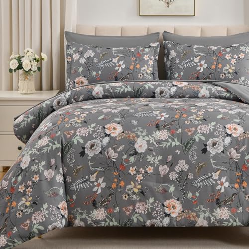 LLDSYW 7 Piece Queen Comforter Set, Dark Grey Butterfly Floral Comforter Set with Flowers Leaves Pattern, Soft Microfiber Complete Bedding Set for All Season(Dark Grey, Queen)