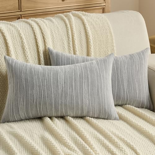 FUTEI Dyeing Grey Chenille Throw Pillow Covers 12x20 Inch Set of 2,Soft Line Textured Lumbar Pillow Cases,Modern Home Decor for Couch Living Room